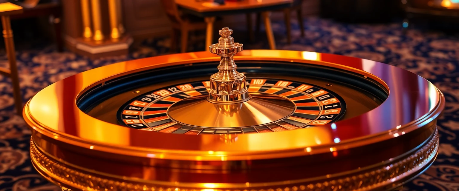 Luxurious roulette table with gold accents and dynamic lighting